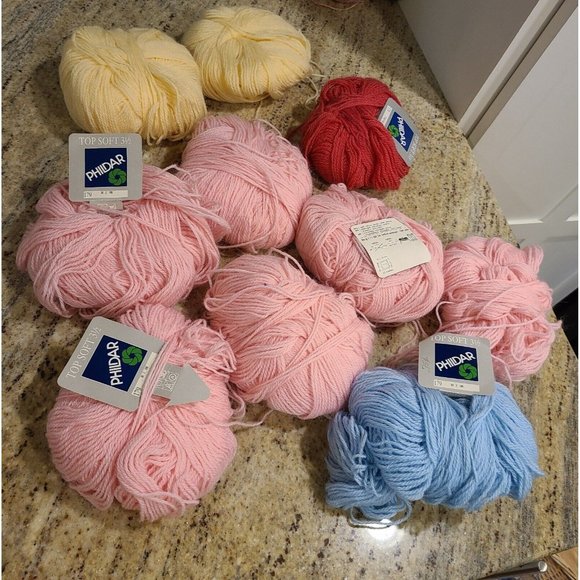 Phildar Top Soft 3 1/2  Wool Blend 10 Skeins 50 Gr Baby Blue Pink Yellow.  Red - Picture 1 of 9